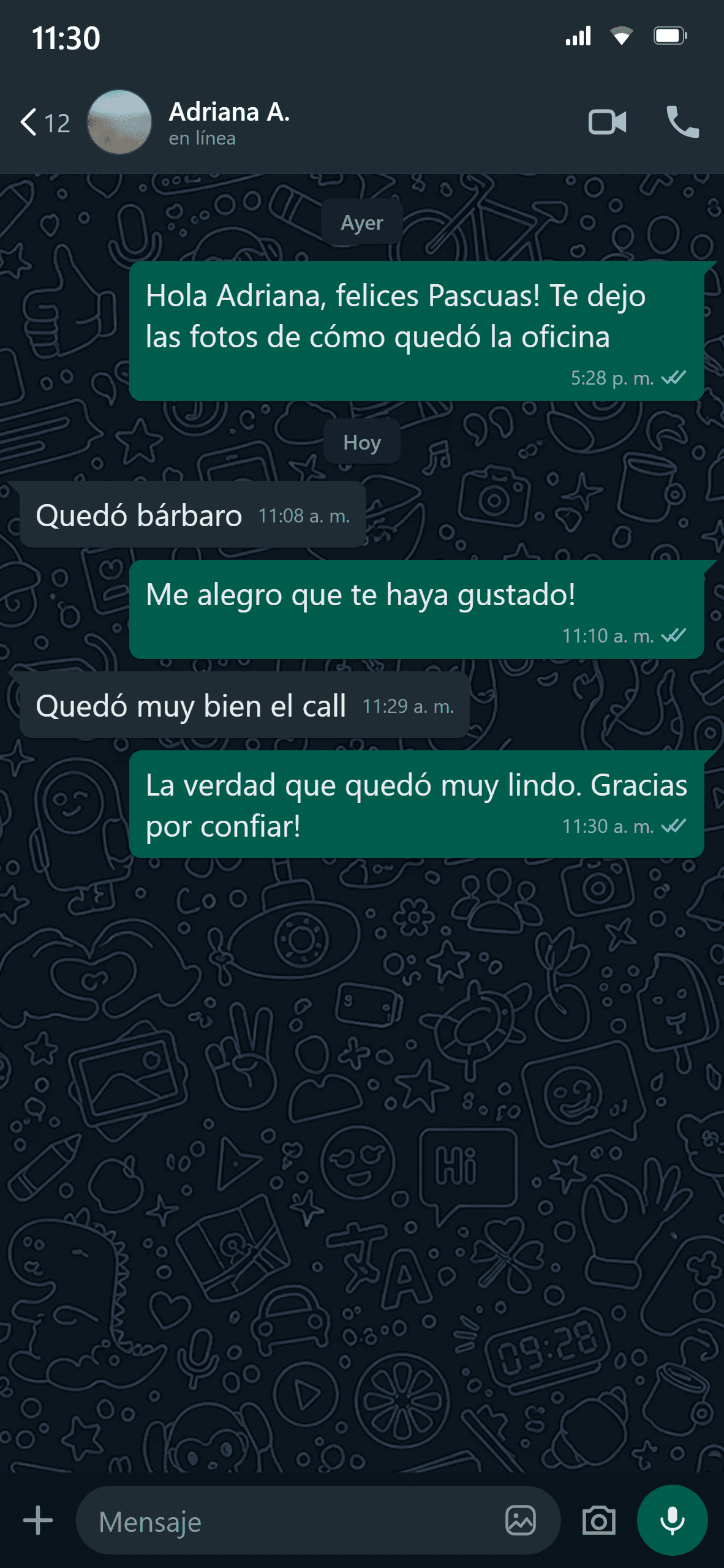Chat de WhatsApp con Adriana sobre la oficina terminada: 'Quedó bárbaro. Quedó muy bien el call.'