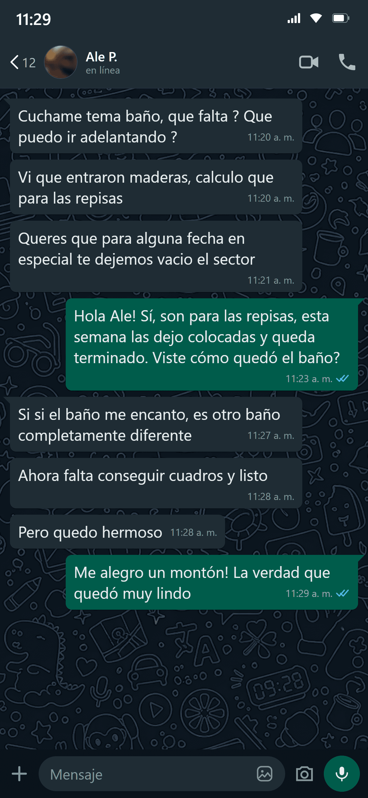 Chat de WhatsApp con Ale: 'Si si el baño me encantó, es otro baño completamente diferente. Pero quedó hermoso.'